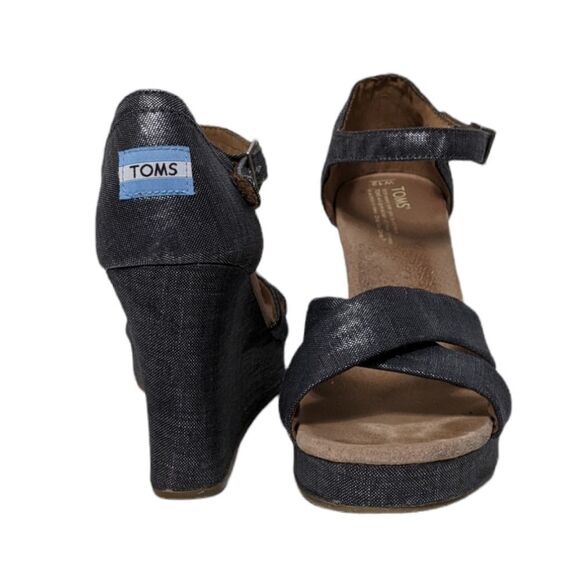 TOMS Metallic Denim Strappy Wedge Heels 12 - Picture 3 of 12